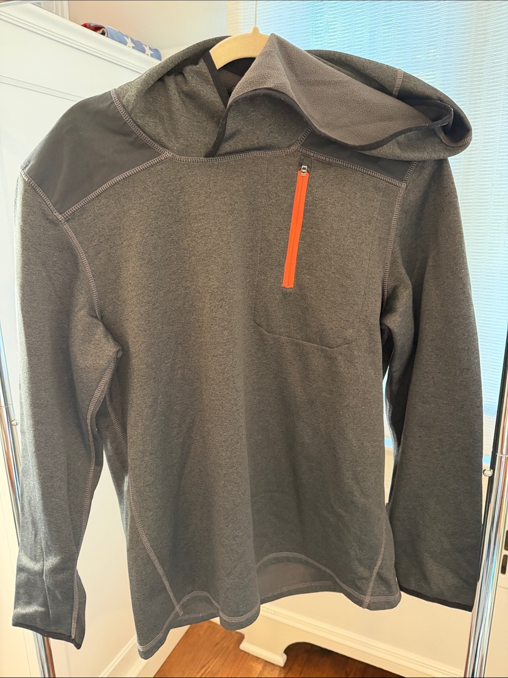 Men's Hooded Pullover Jacket with Fleece Lining - Gray with Orange Zip